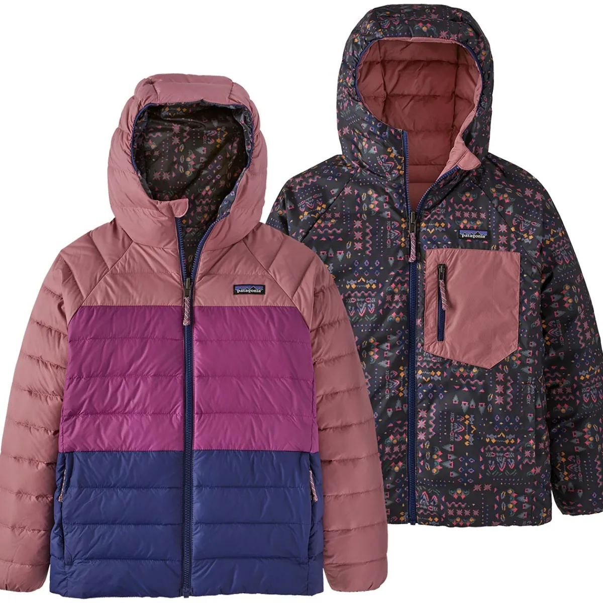 Patagonia Kids' Reversible Down Sweater Hoody kid's jacket Wandering Woods: Ink Black Outlet