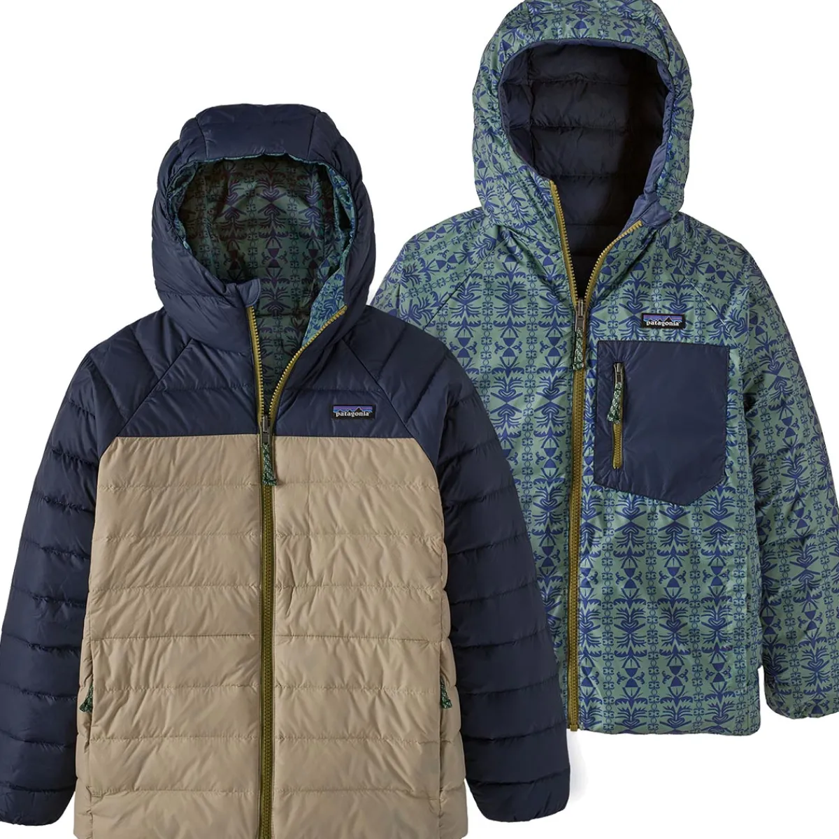 Patagonia Kids' Reversible Down Sweater Hoody kid's jacket Wandering Woods: Ink Black Outlet